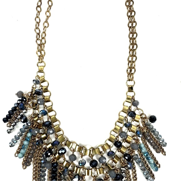 Vintage Statement Tassel Beaded Chain Necklace Blue/Bronze Old Money Whimsical - Picture 3 of 5